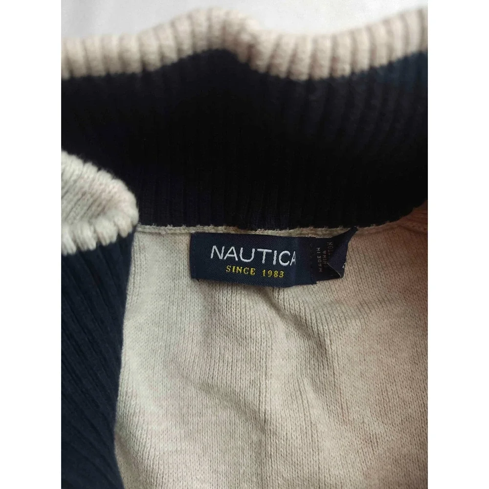 Nautica Full Zip Sweater Mens Size XL Beige Knit Mock Neck Long Sleeve Casual